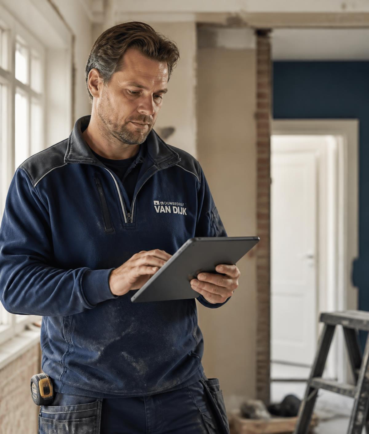 Aannemer bekijkt projectgegevens op een tablet